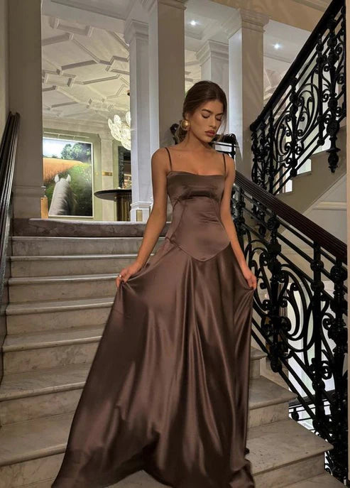 Simple Brown Spaghetti Straps A Line Prom Dress Party Dress DP5371
