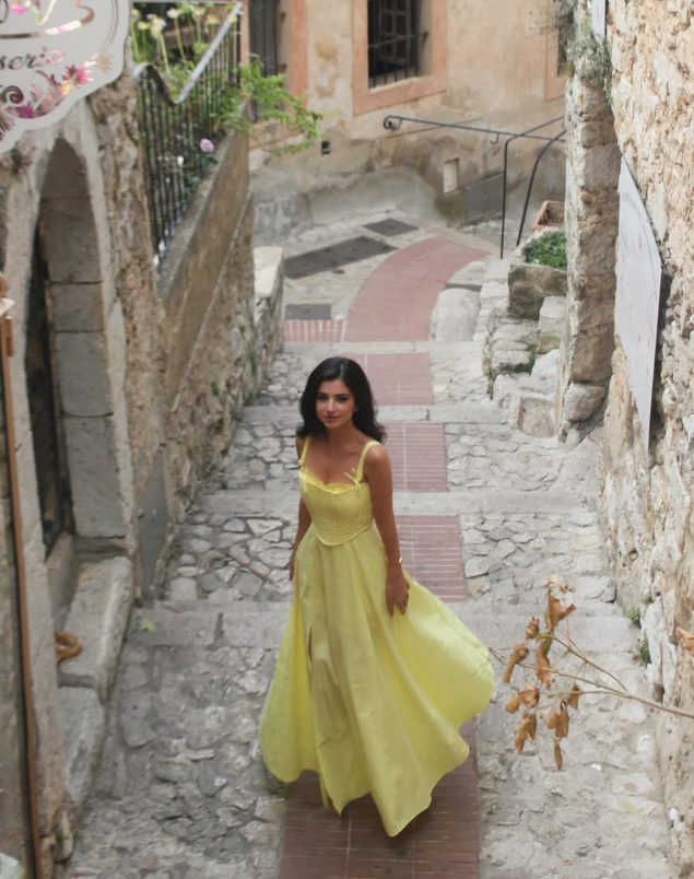 Charming A Line Straps Corset Yellow Satin Prom Dress Evening Dress with Slit DP1593