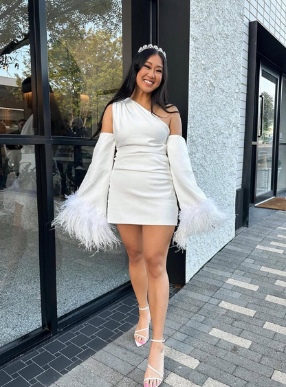 Simple Sheath Long Sleeve Feather White Satin Short Homecoming Dress Birthday Dress DP1591