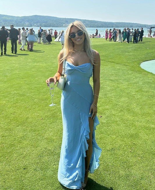 Blue A Line Spaghetti Straps Ruffle Chiffon Long Evening Dress Outfits with Slit DP1387