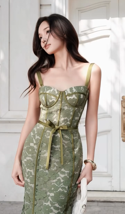 Green Mermaid Spaghetti Strap Lace Long Prom Dress Party Dress Outfits DP4529
