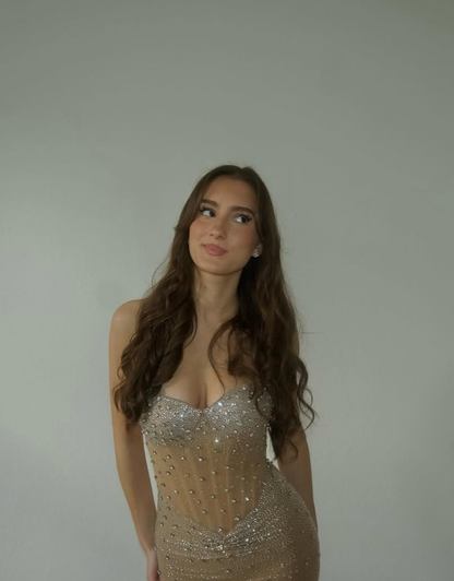 Sexy Champagne Mermaid Strapless Rhinestone Satin Prom Dress Evening Dress DP4402