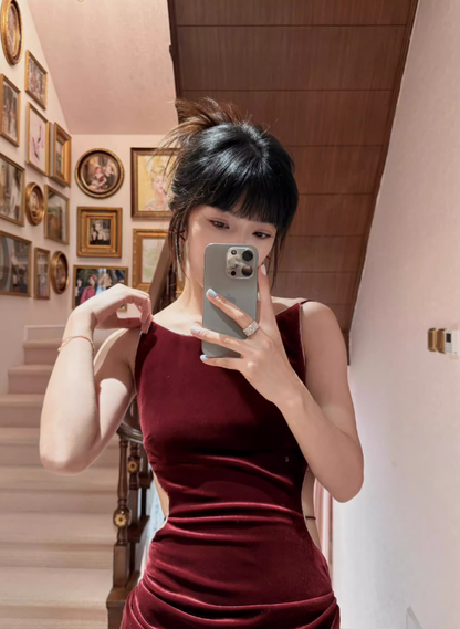 Burgundy Sheath Round Neck Velvet Open Back Prom Dress Date Dress DP4429