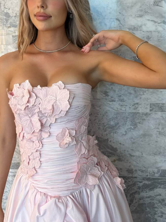 Light Pink A Line Strapless Appliques Satin Long Prom Dress Evening Dress DP1466