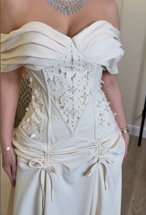 Ivory A Line Off the Shoulder Beaded Satin Long Prom Dress Evening Dress DP2805