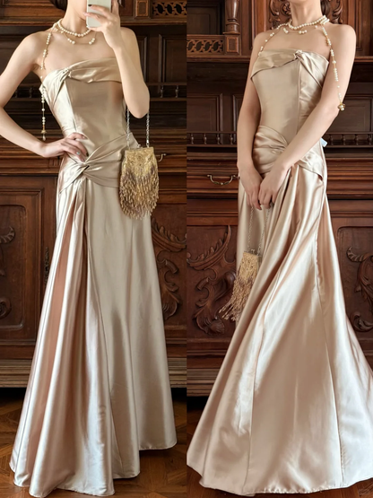 Elegant Champagne Gold A Line Strapless Satin Prom Dress Party Evening Dress DP5323