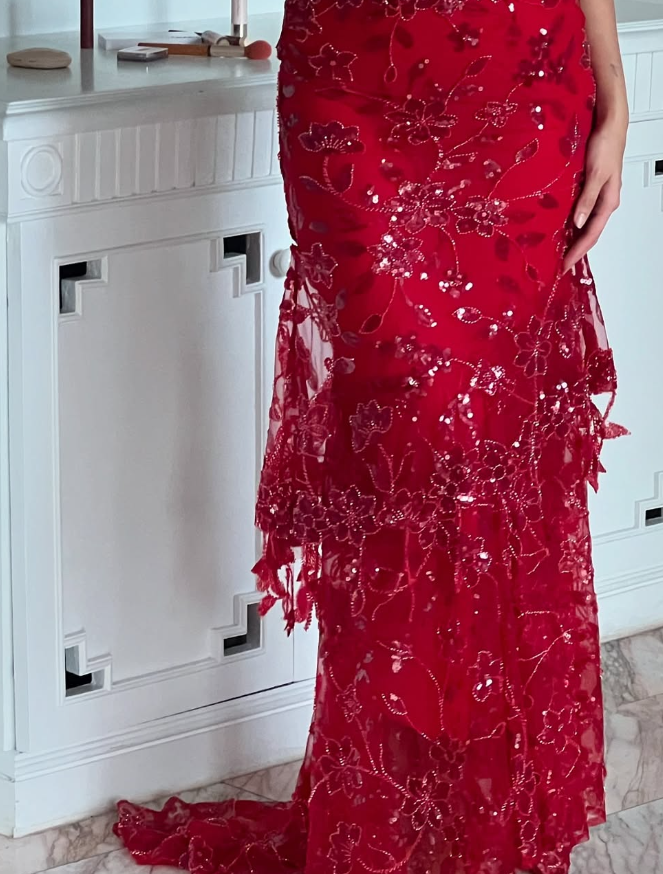 Stunning Sheath Spaghetti Strap Sequin Red Tulle Prom Dress Evening Dress DP1806