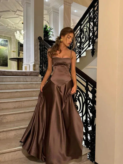 Simple Brown Spaghetti Straps A Line Prom Dress Party Dress DP5371