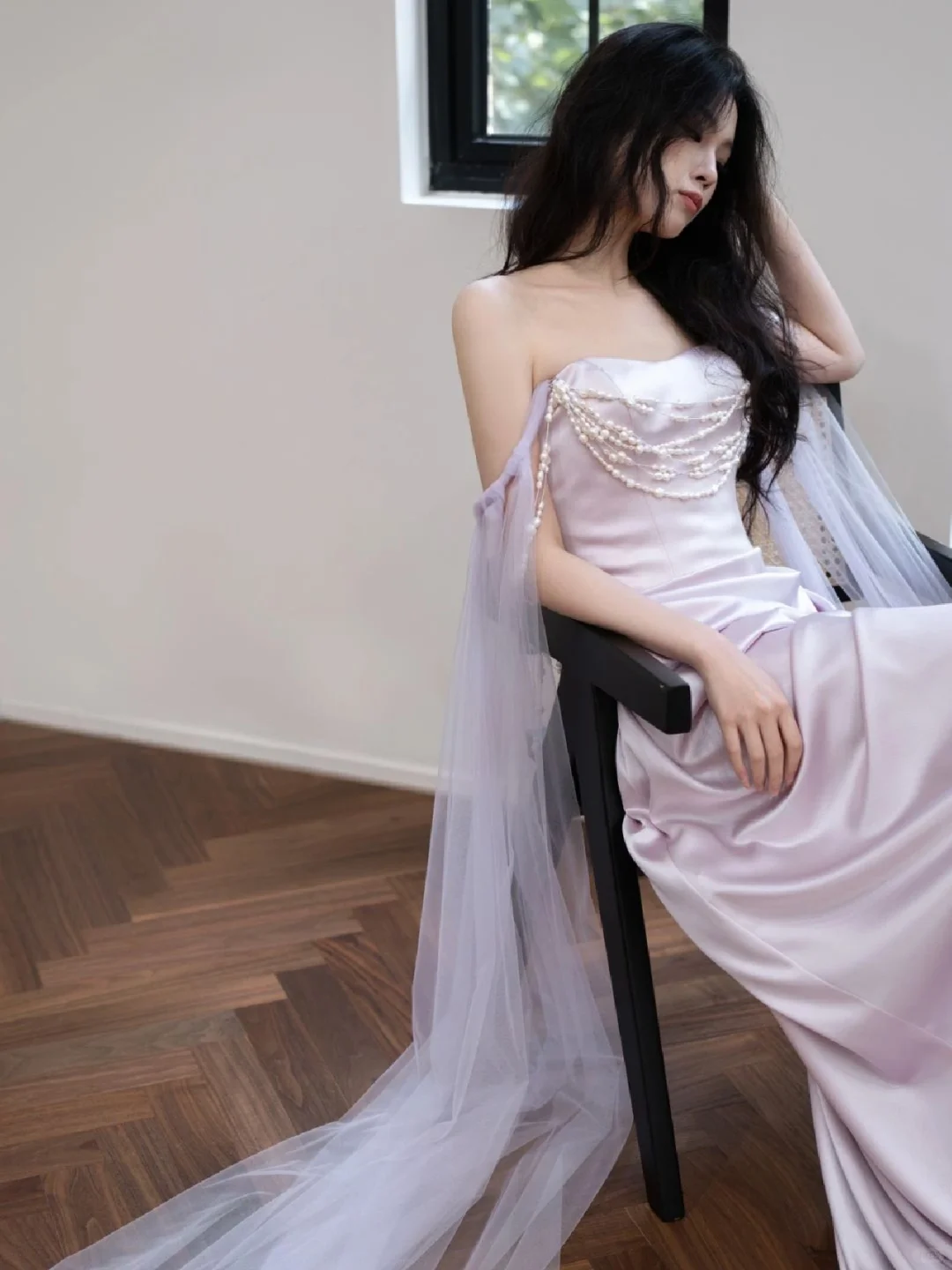 Purple Sheath Off the Shoulder Pearl Satin Tulle Party Dress Evening Dress DP2547