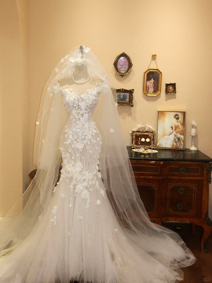 Elegant Mermaid Off the Shoulder White Appliques Tulle Long Prom Dress Wedding Dress DP7038