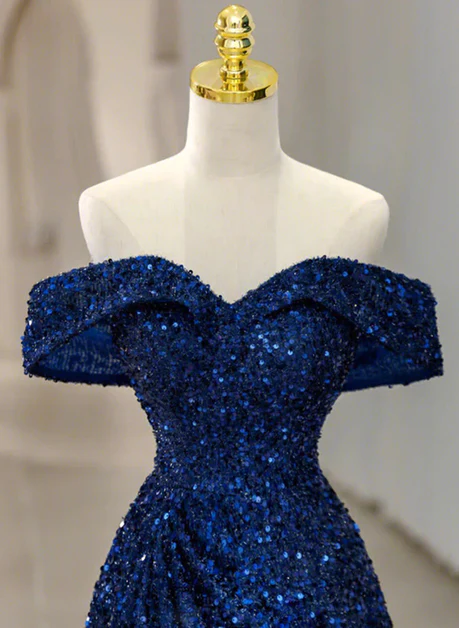 Elegant Blue Sequins Off Shoulder Prom Dress Evening Dress DP384