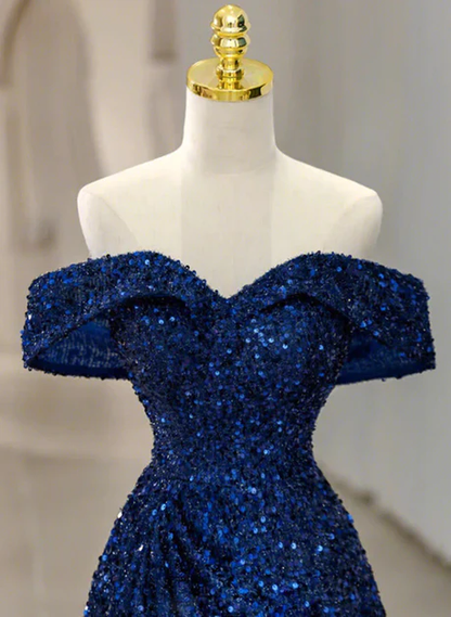 Elegant Blue Sequins Off Shoulder Prom Dress Evening Dress DP384
