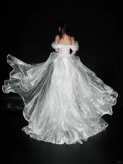 Flowy Unique A Line Off the Shoulder White Organza Wedding Dress DP5301