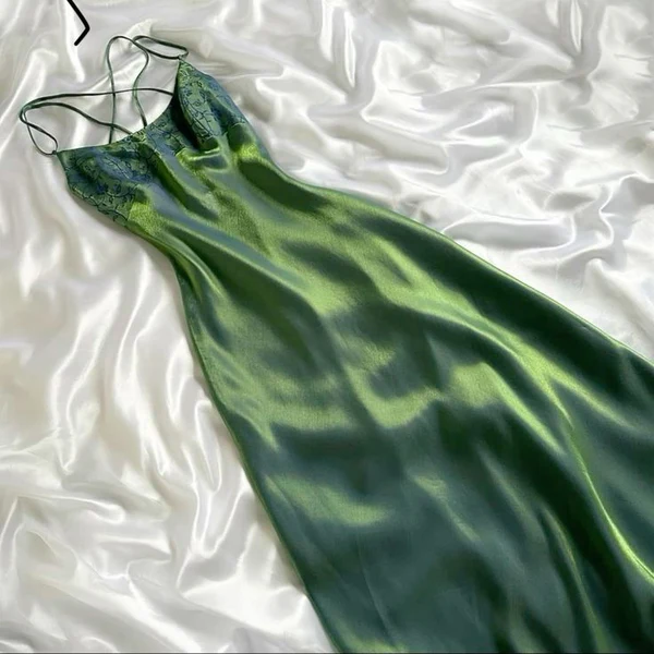 Spaghetti Straps Green Satin Prom Dress Long Evening Dress Party Dress DP661