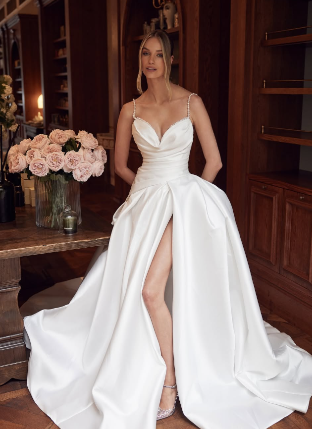 Simple Ball Gown Spaghetti Strap Pearl White Satin Long Wedding Dress with Slit DP5838