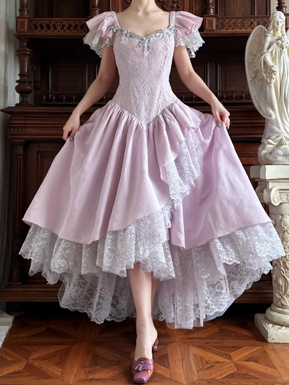 Dreamy Purple A Line Beaded Lace Satin Prom Dress Party Evening Dress DP5329