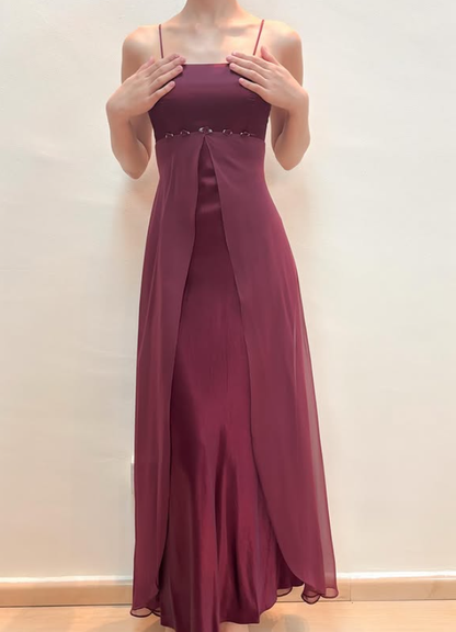 Vintage Dark Burgundy A Line Chiffon Satin Prom Dress Evening Dress Date Dress DP5276
