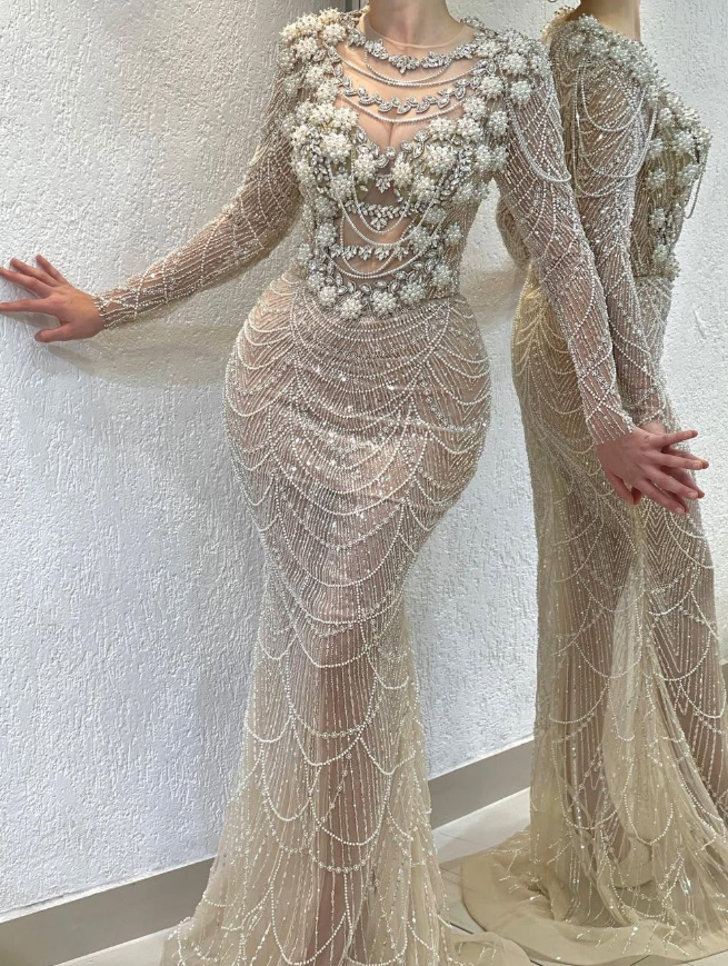 Glamorous Sheath Long Sleeve Beaded Pearl Nude Tulle Prom Dress DP5735