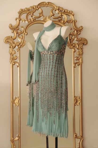Vintage Blue A Line Exquisite Beaded Chiffon Short Prom Dress Homecoming Dress DP5435