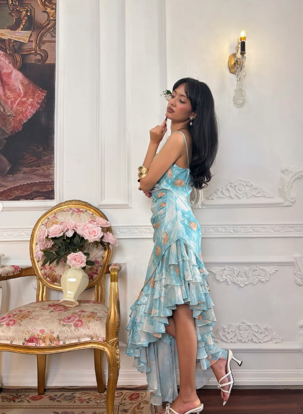 Cute Blue Print Floral Sheath Straps Ruffle Chiffon Prom Dress Evening Dress DP5129