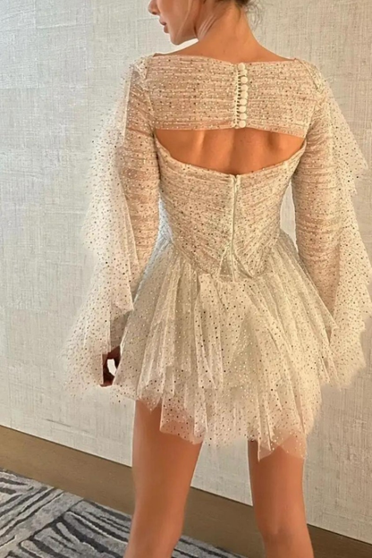 Shiny Silver Sequin A Line Long Sleeve Beaded Tulle Homecoming Dress Cocktail Dress DP3165