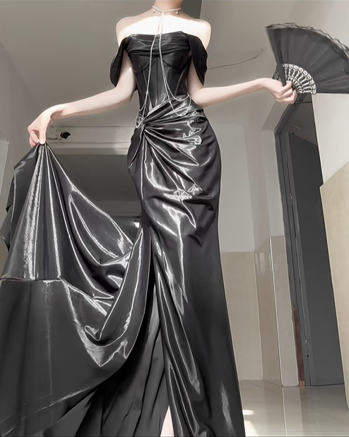 Elegant Black Mermaid Off the Shoulder Satin Slit Prom Dress Graduation Ball Gown DP4562