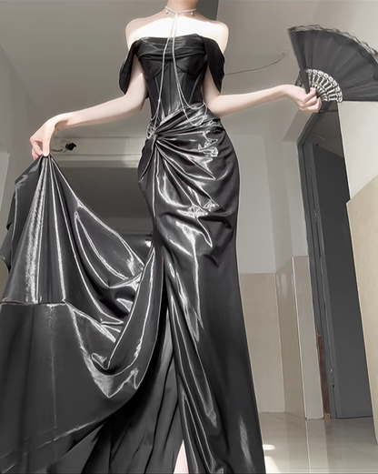 Elegant Black Mermaid Off the Shoulder Satin Slit Prom Dress Graduation Ball Gown DP4562