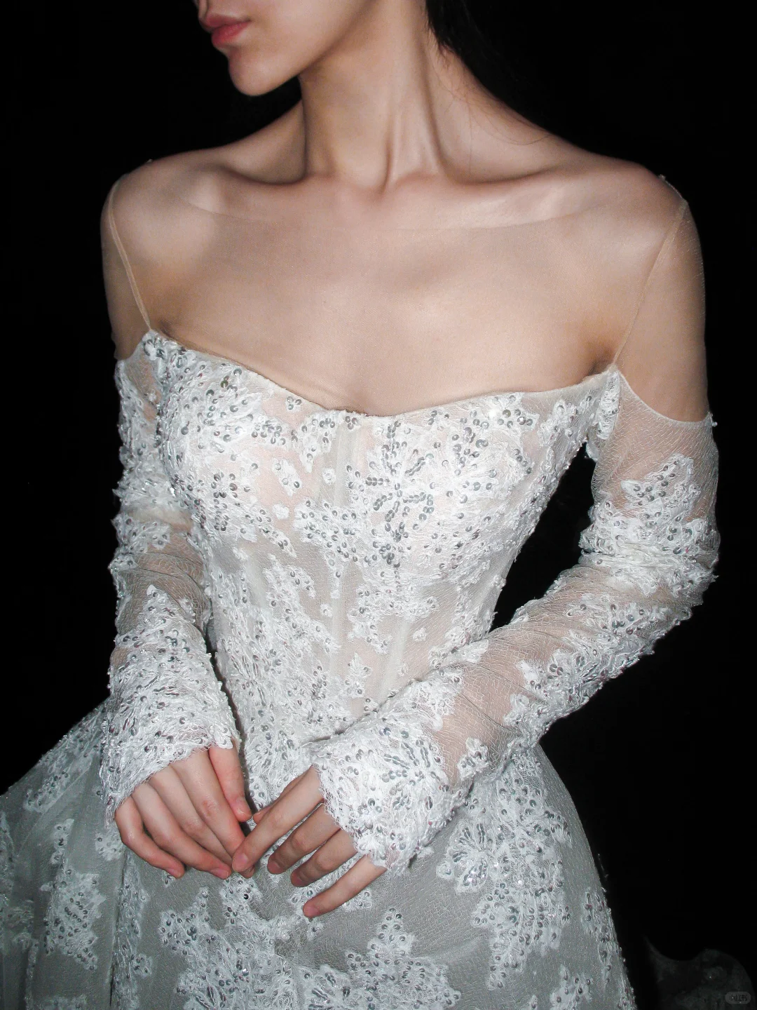 Beautiful A Line Long Sleeve Sequin Lace Long Train Wedding Dress DP6367