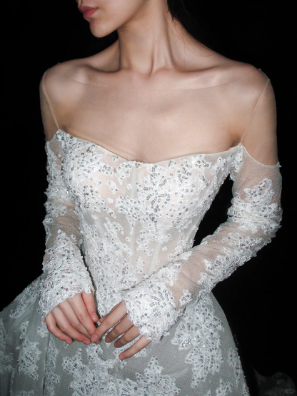 Beautiful A Line Long Sleeve Sequin Lace Long Train Wedding Dress DP6367
