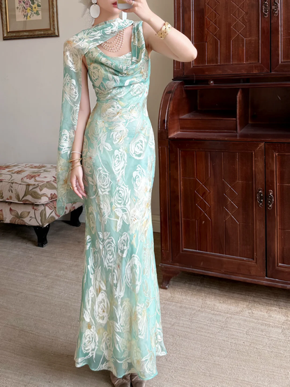 Light Green Mermaid Rose Print Chiffon Long Prom Dress Evening Dress DP5650