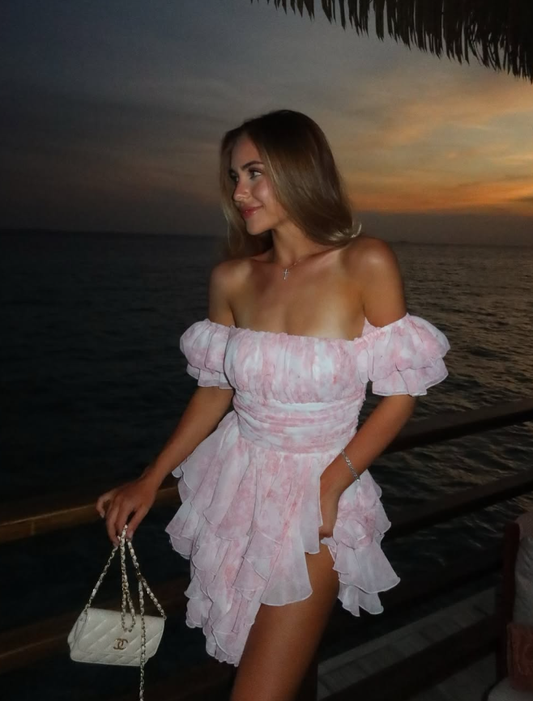 Pink Print Floral A Line Off the Shoulder Ruffle Chiffon Short Homecoming Dress Outfits DP3029