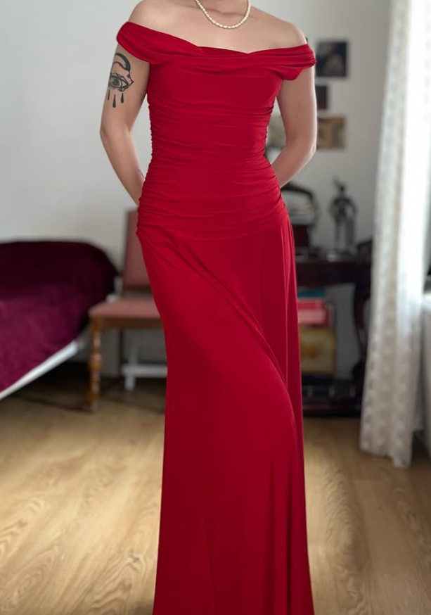 Simple Red A Line Pleated Satin Prom Dress Evening Dress Date Dress DP5709