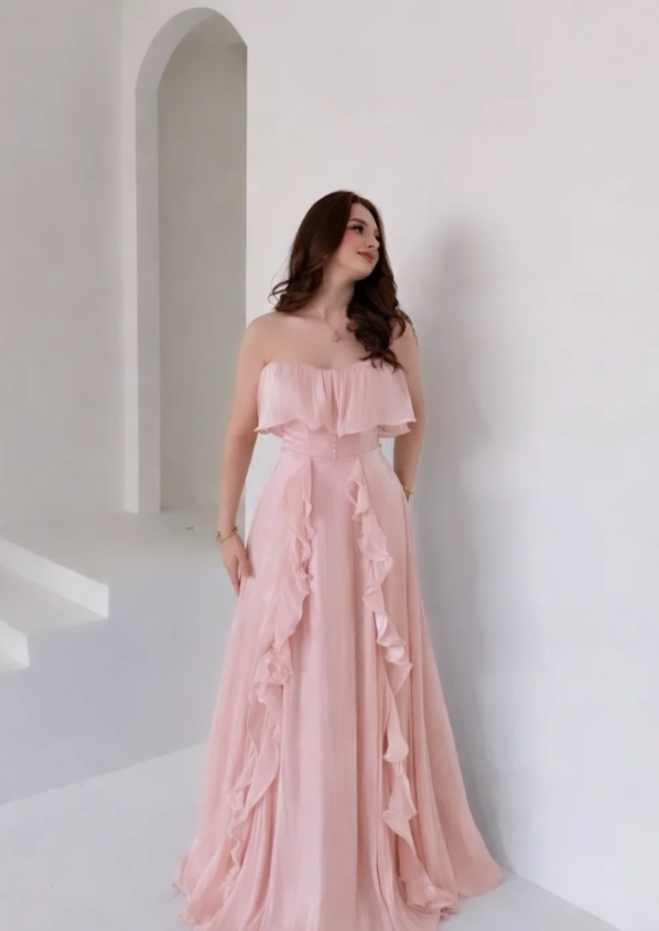 Ethereal A Line Strapless Ruffle Light Pink Chiffon Long Prom Dress Evening Dress DP6924