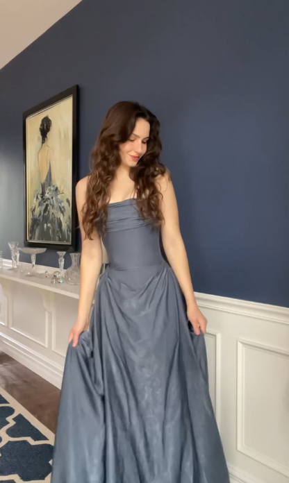 Simple A Line Strapless Grey Satin Long Prom Dress Graduation Prom Dress DP4872