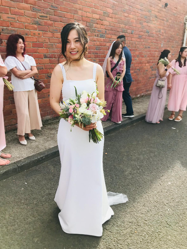 Simple Mermaid Spaghetti Strap Pearl Satin Long Sweep Wedding Dress DP1878