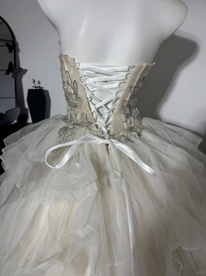Apricot A Line Strapless Beaded Ruffle Tulle Prom Dress Evening Dress DP6983