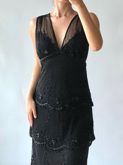 Vintage Sheath V Neck Beaded Tiered Black Chiffon Prom Dress Evening Dress DP1717
