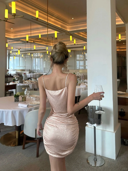 Sexy Pink Cute Sheath Spaghetti Straps Beaded Satin Short Homecoming Dress Outfits DP4548