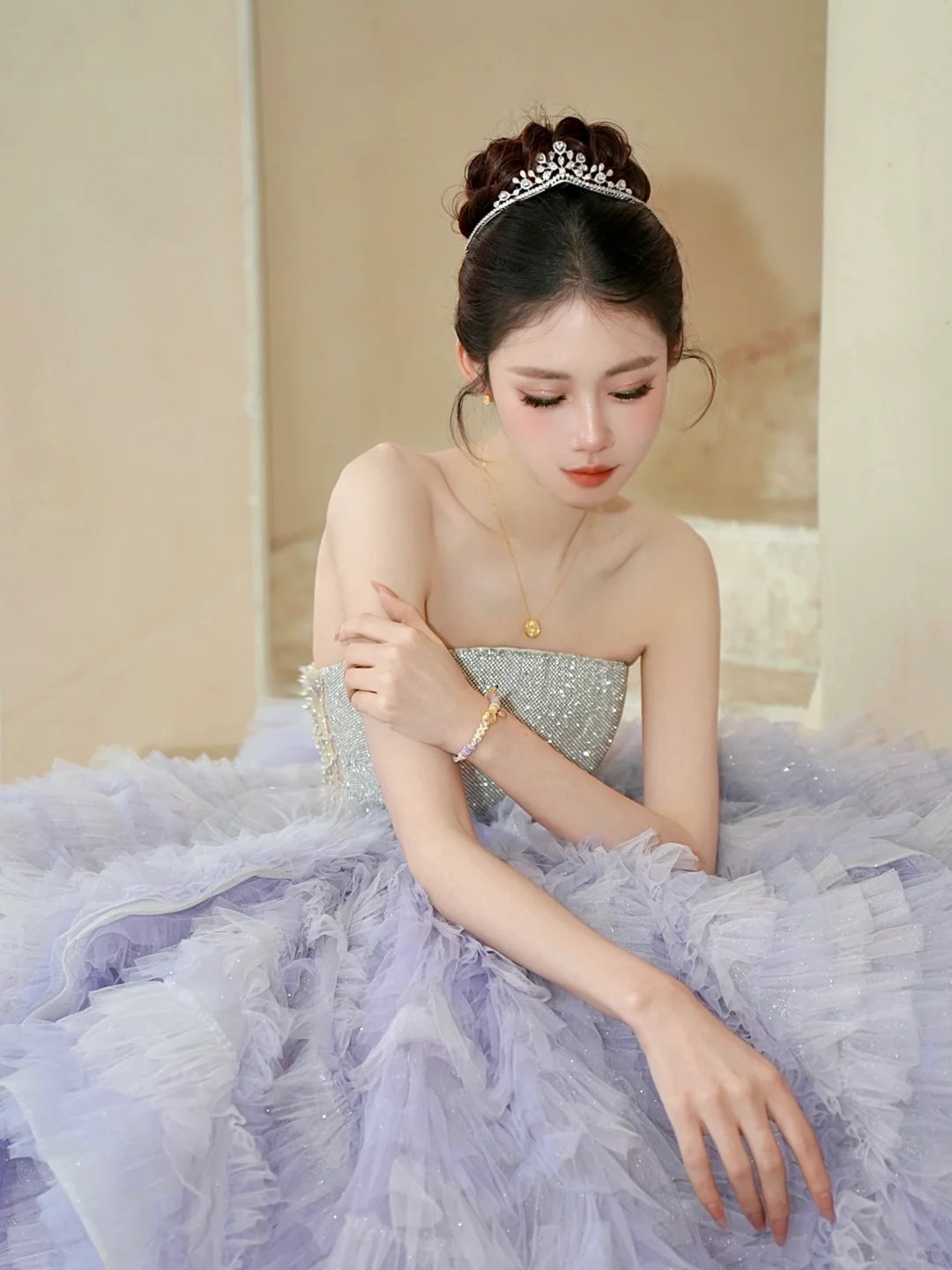Gorgeous Ball Gown Strapless Silver Sequin Purple Tulle Long Party Dress Prom Dress DP2505