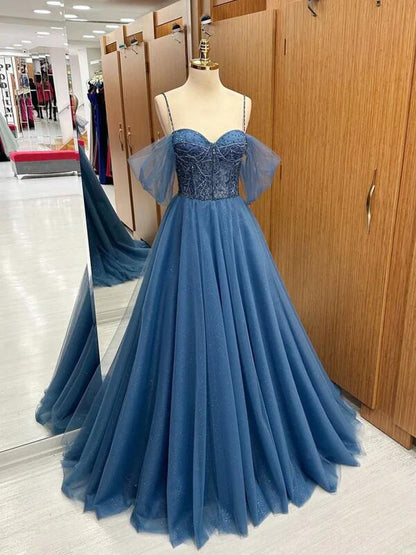 Blue Tulle Beading Long Prom Dress Evening Dress DP077