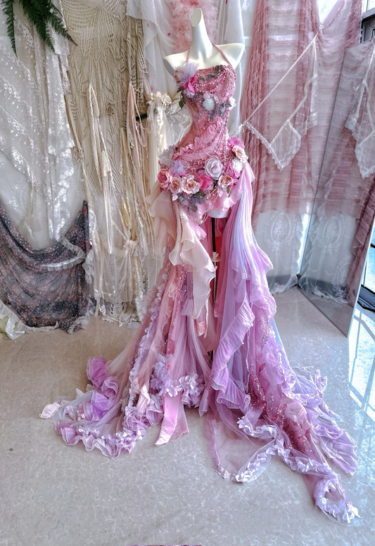 Unique Pink Mermaid Halter Exquisite Floral Chiffon Long Sweep Prom Dress Evening Dress Party Dress DP2973