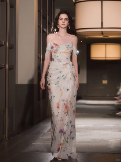 Gentle A Line Off the Shoulder Print Flower Chiffon Prom Dress Evening Dress DP2796