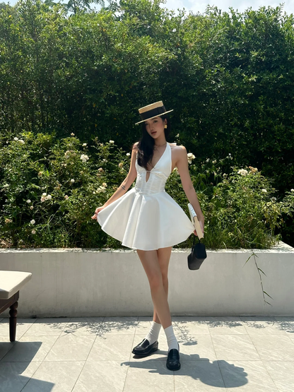 Open Back White A Line V Neck Satin Short Homecoming Dress Cocktail Dress DP2878