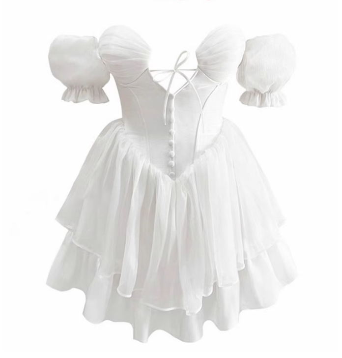 Elegant White A Line Puff Layered Chiffon Short Homecoming Dress Vacation Dress DP3646