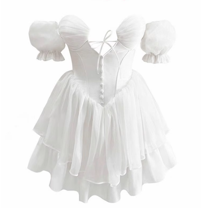 Elegant White A Line Puff Layered Chiffon Short Homecoming Dress Vacation Dress DP3646