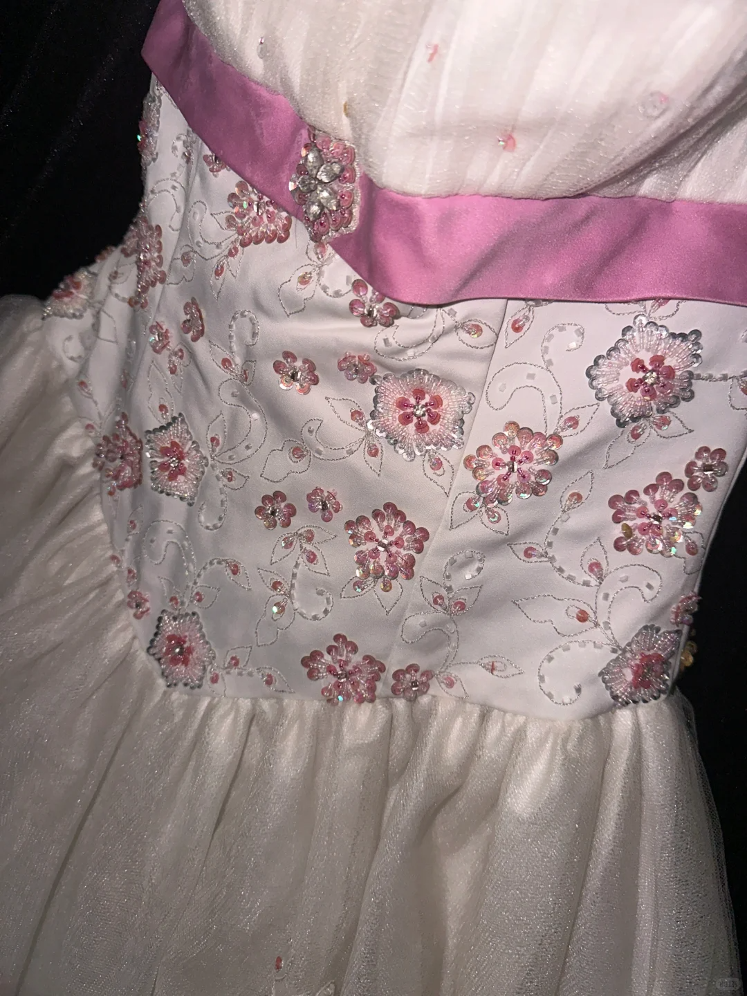 Vintage A Line Strapless Pink Beaded White Satin Tulle Long Prom Dress DP4424