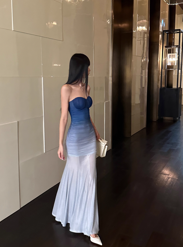 Blue Ombre Mermaid Strapless Pleated Tulle Prom Dress Formal Dress Evening Dress DP3455