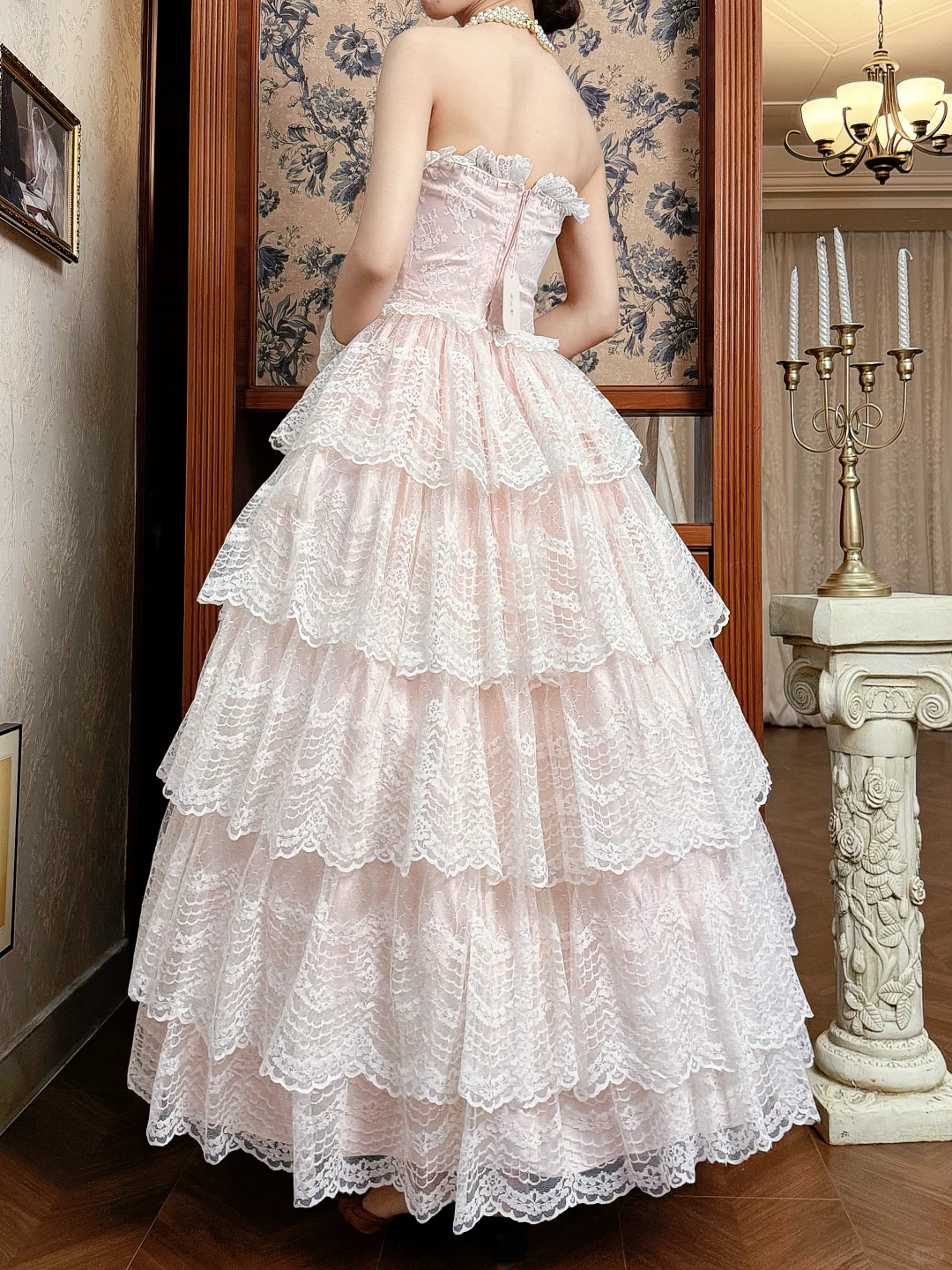 Vintage Princess Light Pink A Line Layered Lace Long Prom Dress Evening Dress DP5613