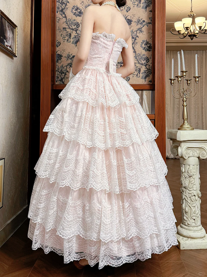 Vintage Princess Light Pink A Line Layered Lace Long Prom Dress Evening Dress DP5613