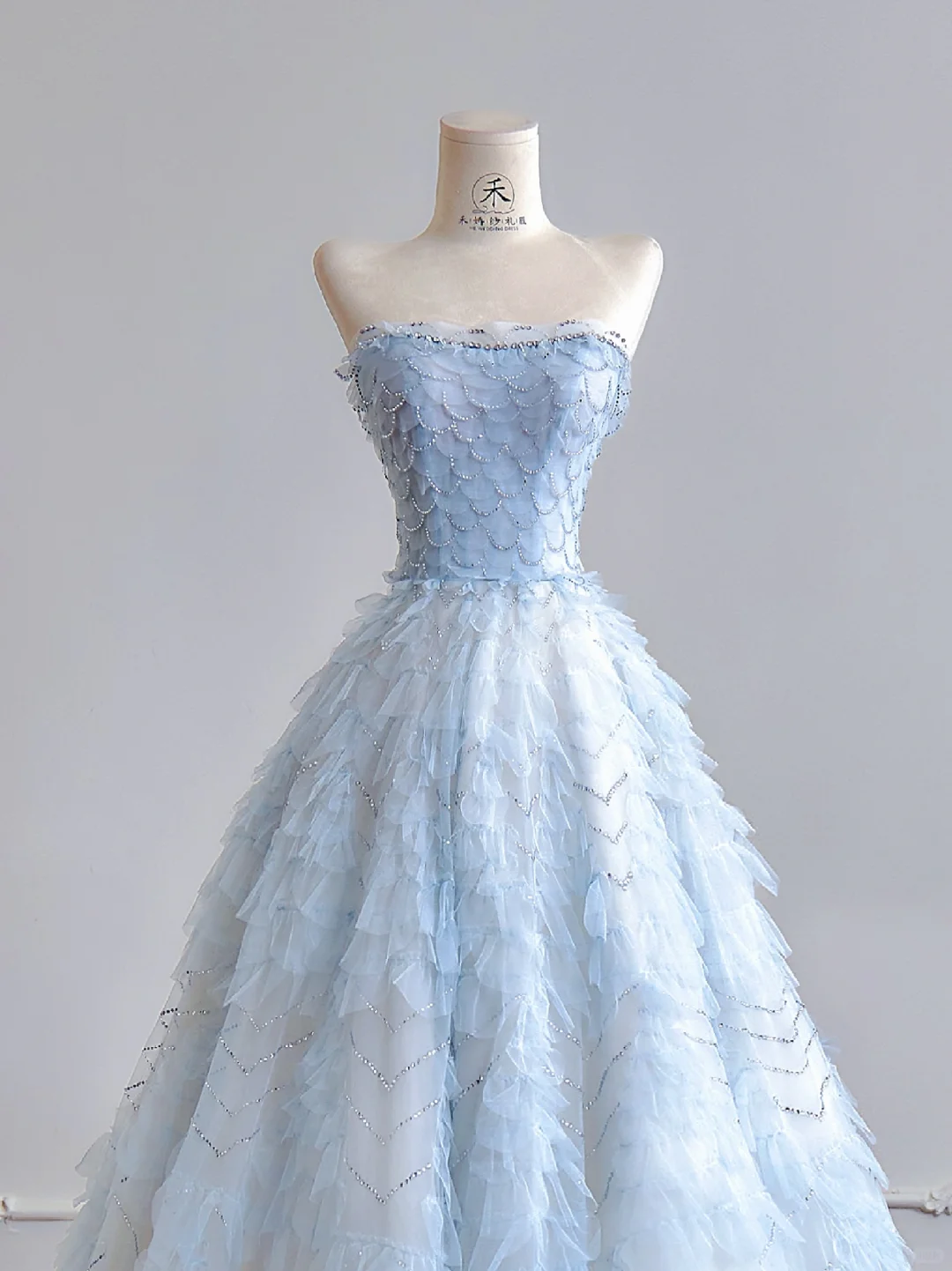 Baby Blue Ball Gown Strapless Beaded Layered Tulle Long Prom Dresses DP4190